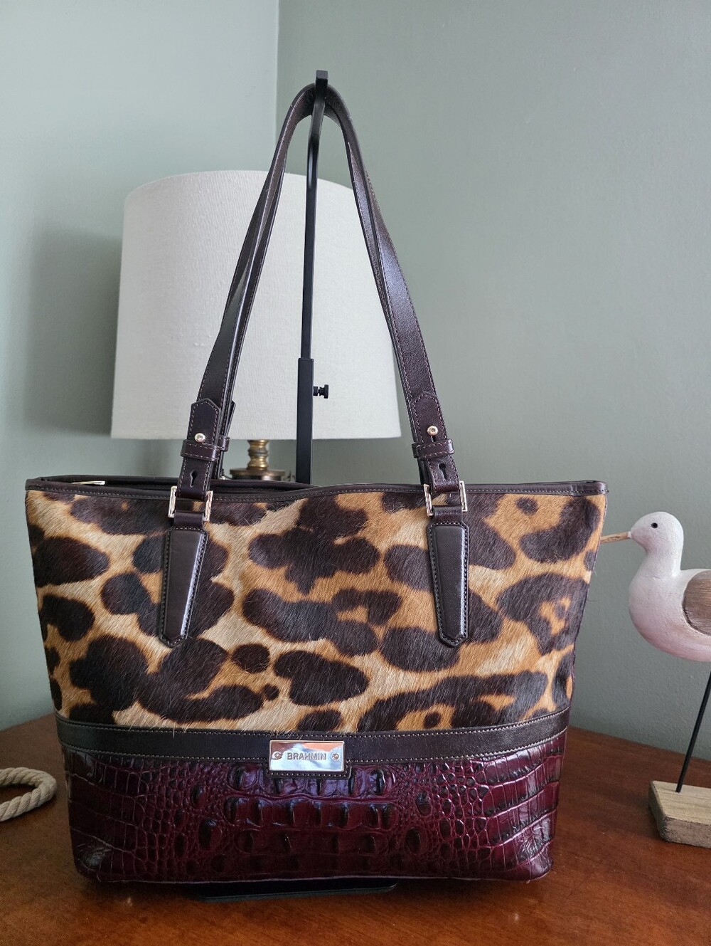 Brahmin Medium Asher Leopard Calf Hair Burgundy Croc Leather Tote Bag